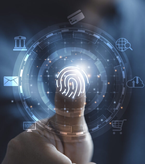 Businessman hand thumb rise up with virtual finger print and tech icon including cloud computing mobile banking and computer laptop for technology security and identity password concept.