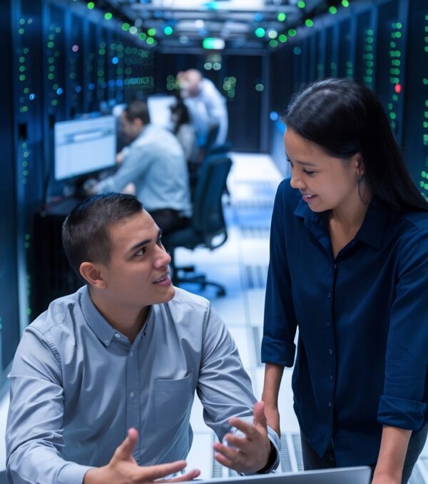 data-center-male-it-specialist-female-system-administrator-talk-use-laptop